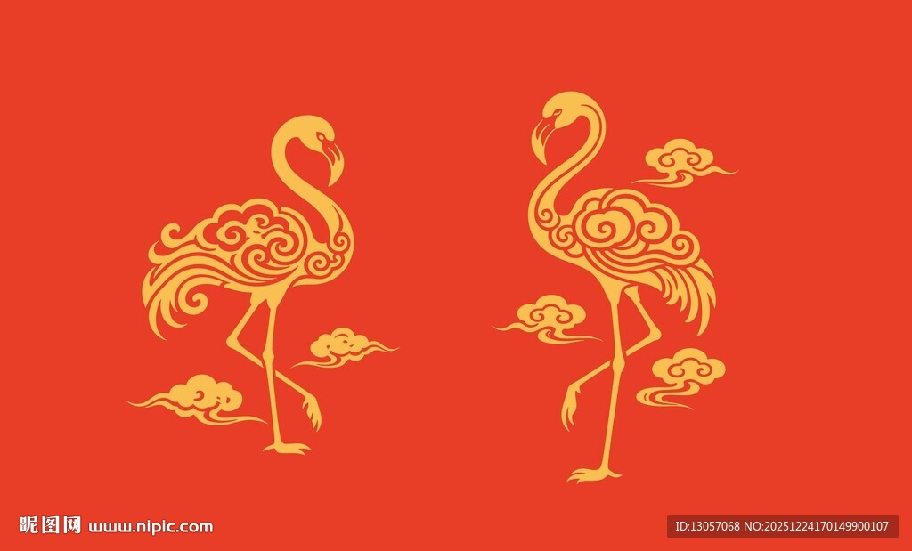 中式金鹤红底吉祥图案