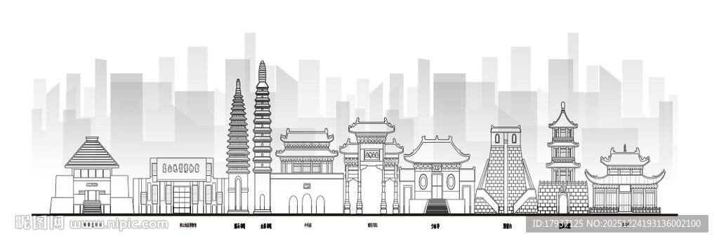 绍兴浙江城市建筑线描插画地标