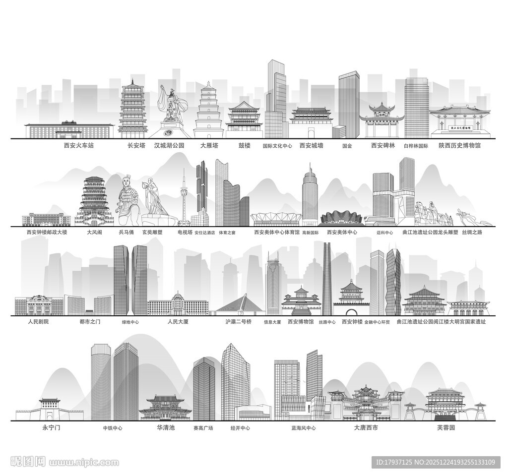 西安陕西城市建筑线描插画地标