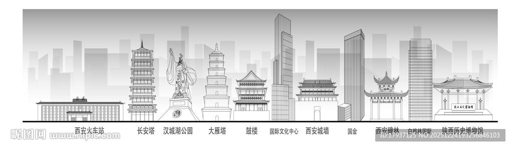 西安陕西城市建筑线描插画地标