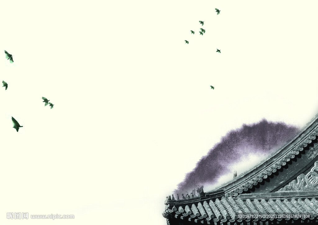 飞鸟掠过古建筑屋顶