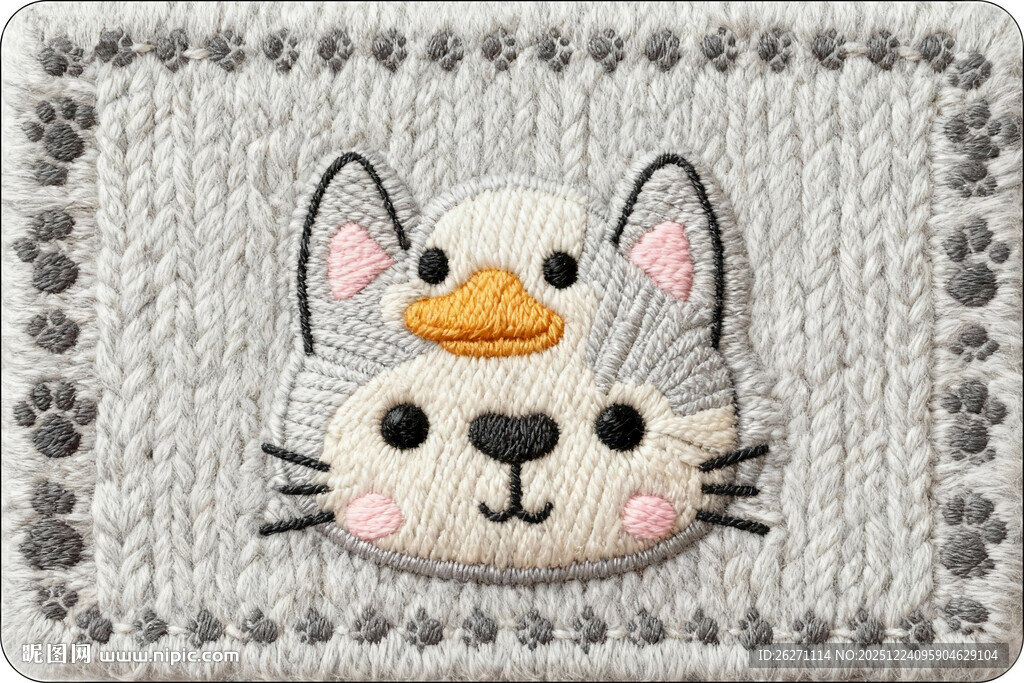 猫咪头顶小鸭子刺绣图案