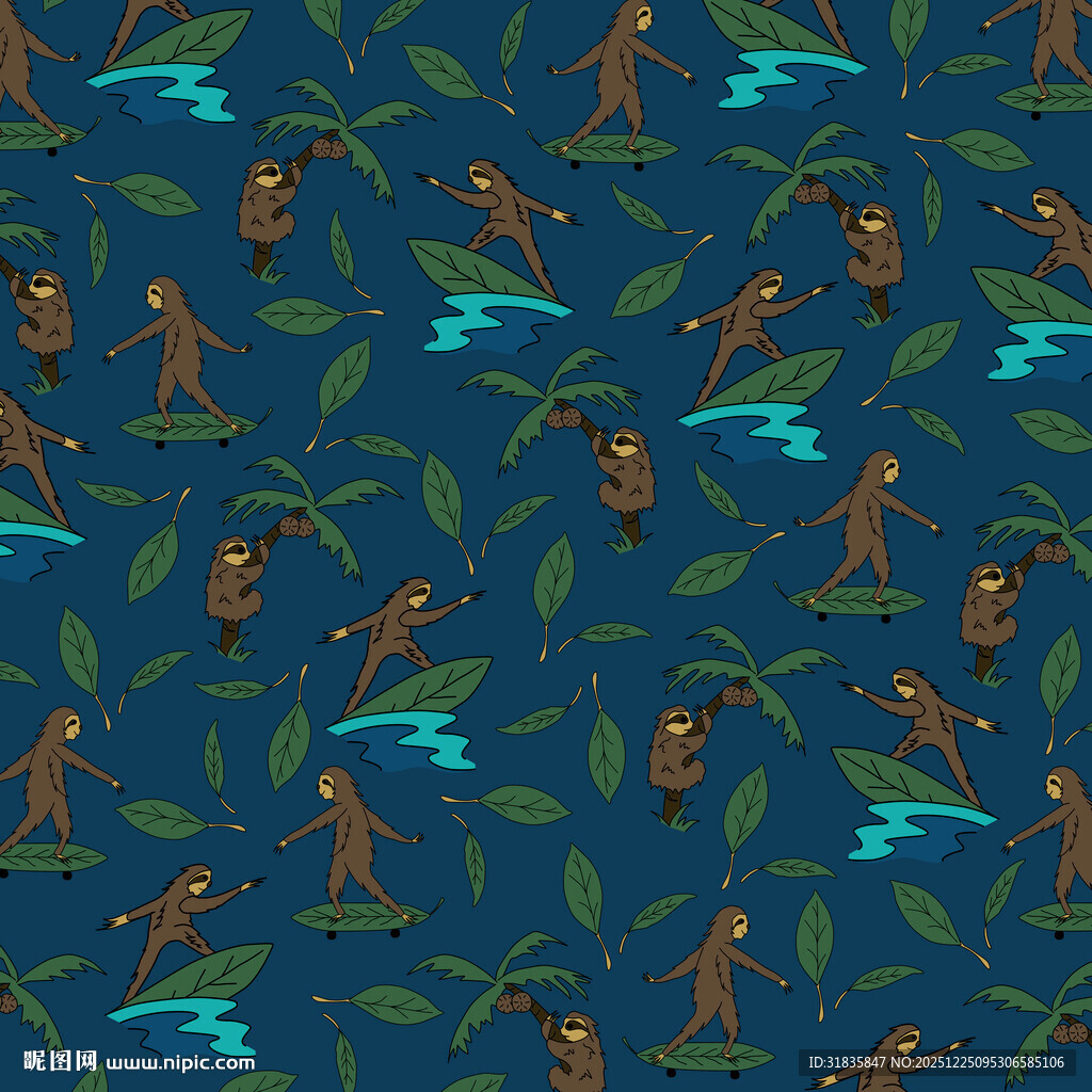 丛林猴子与树叶无缝图案