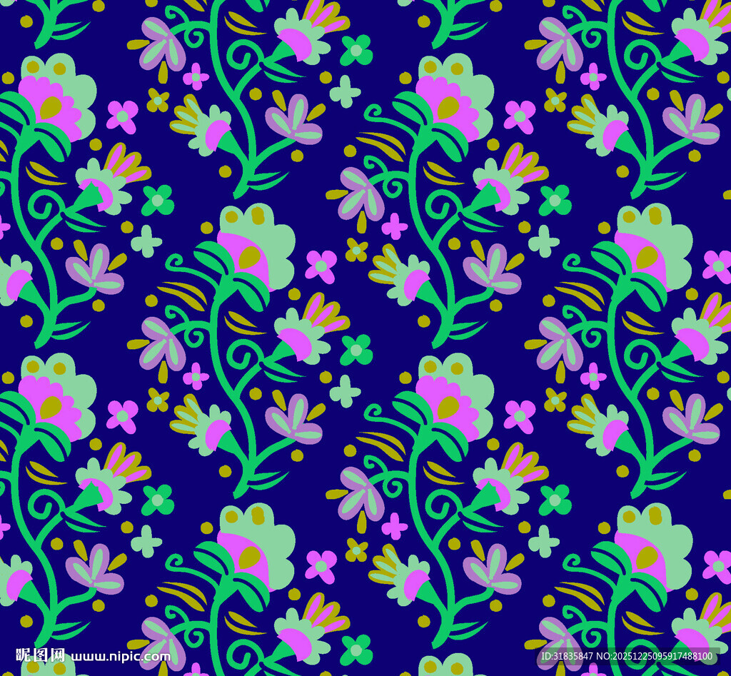 深蓝色底多彩花卉图案
