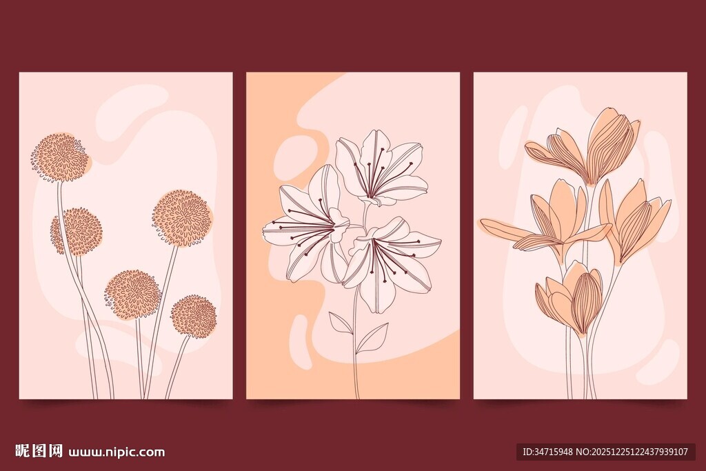 简约花卉三联装饰画矢量图