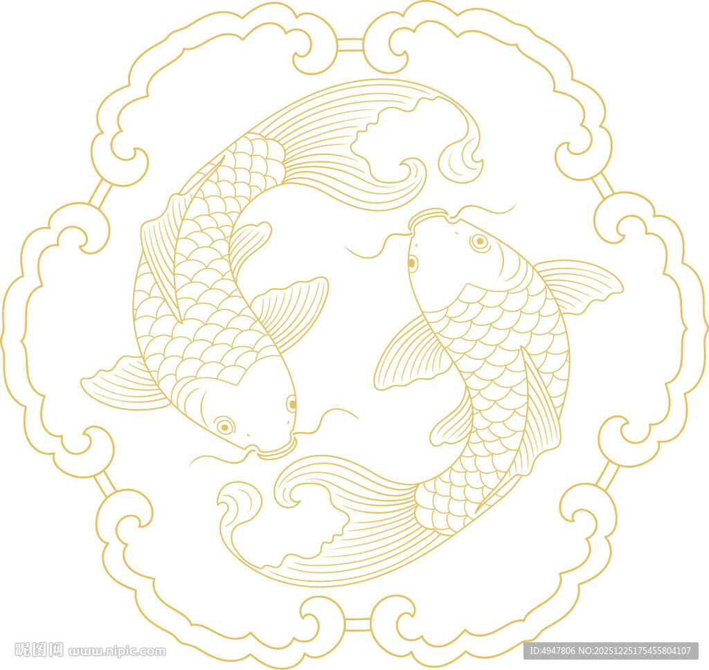 中式双锦鲤传统吉祥图案 矢量图