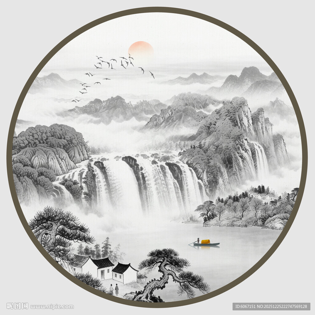 圆形水墨山水画
