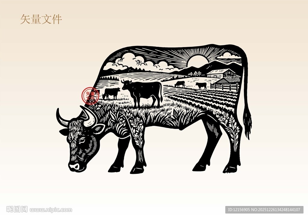 手绘牛插画版画