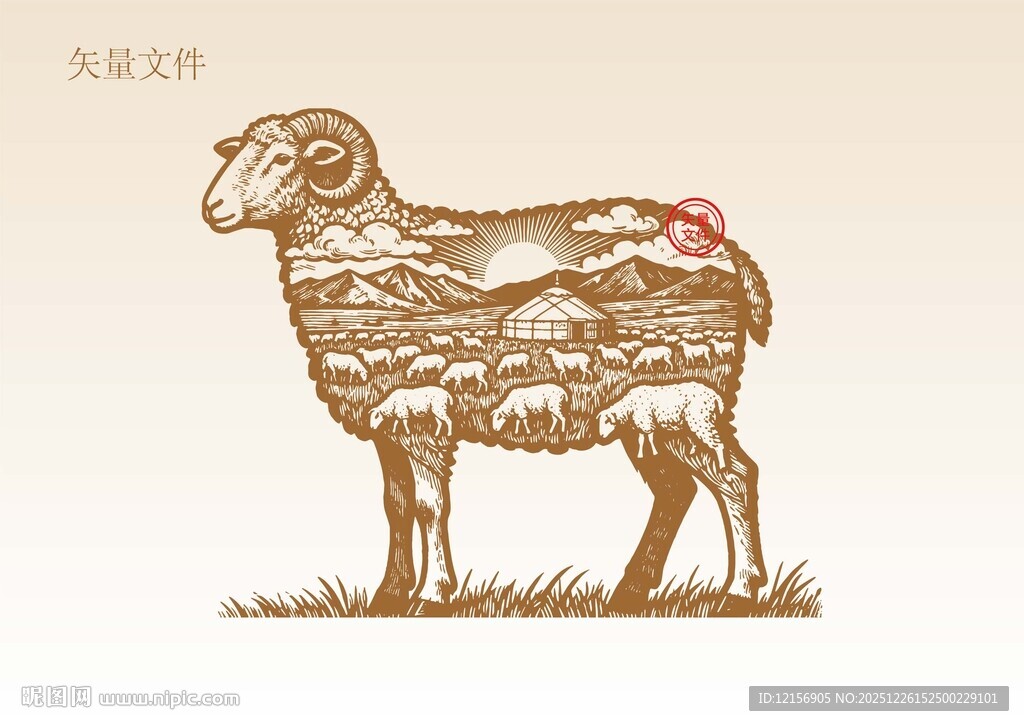 手绘羊插画版画