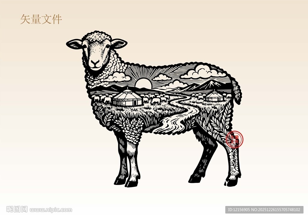 手绘羊插画版画