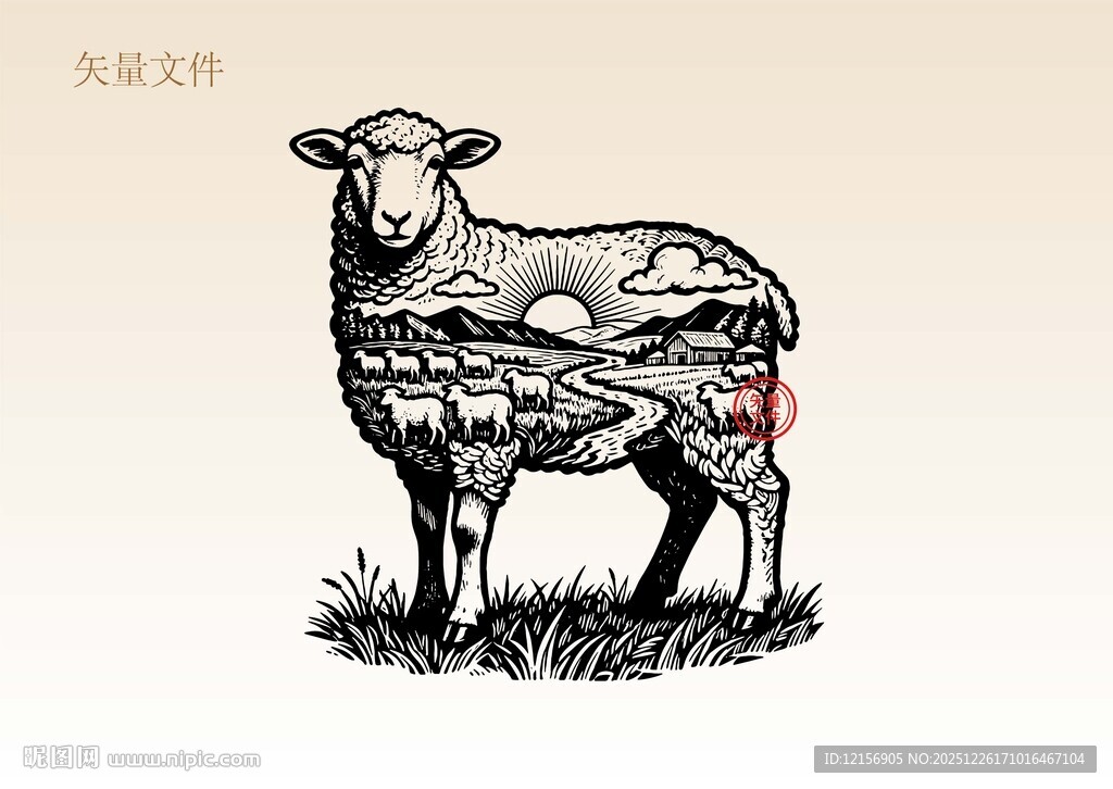 创意羊插画版画