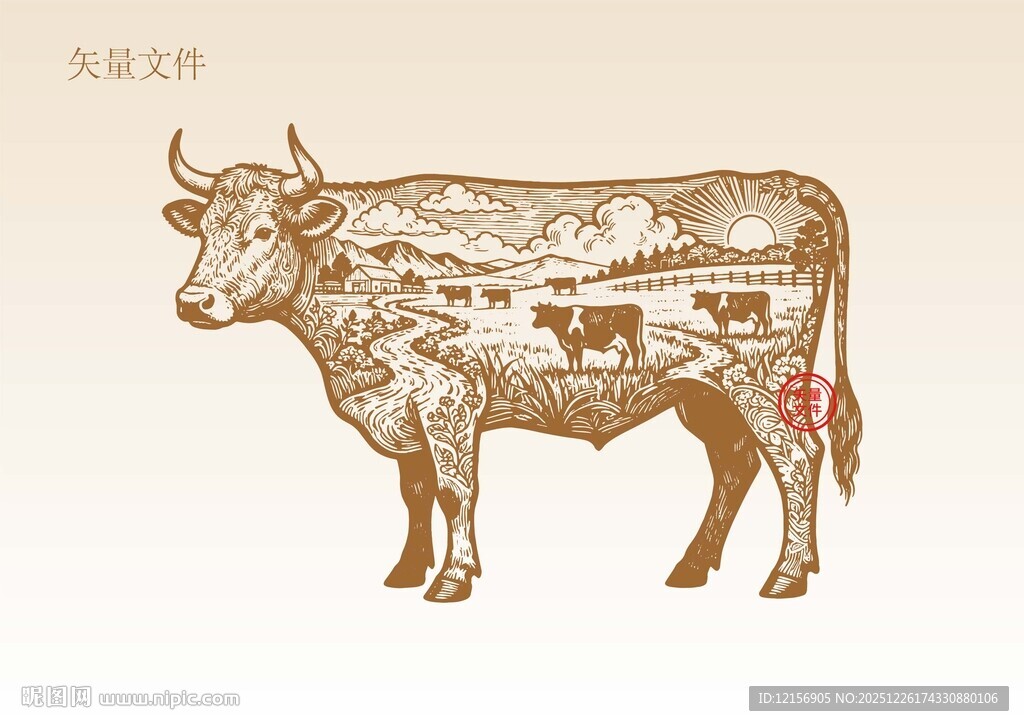 黄牛插画版画