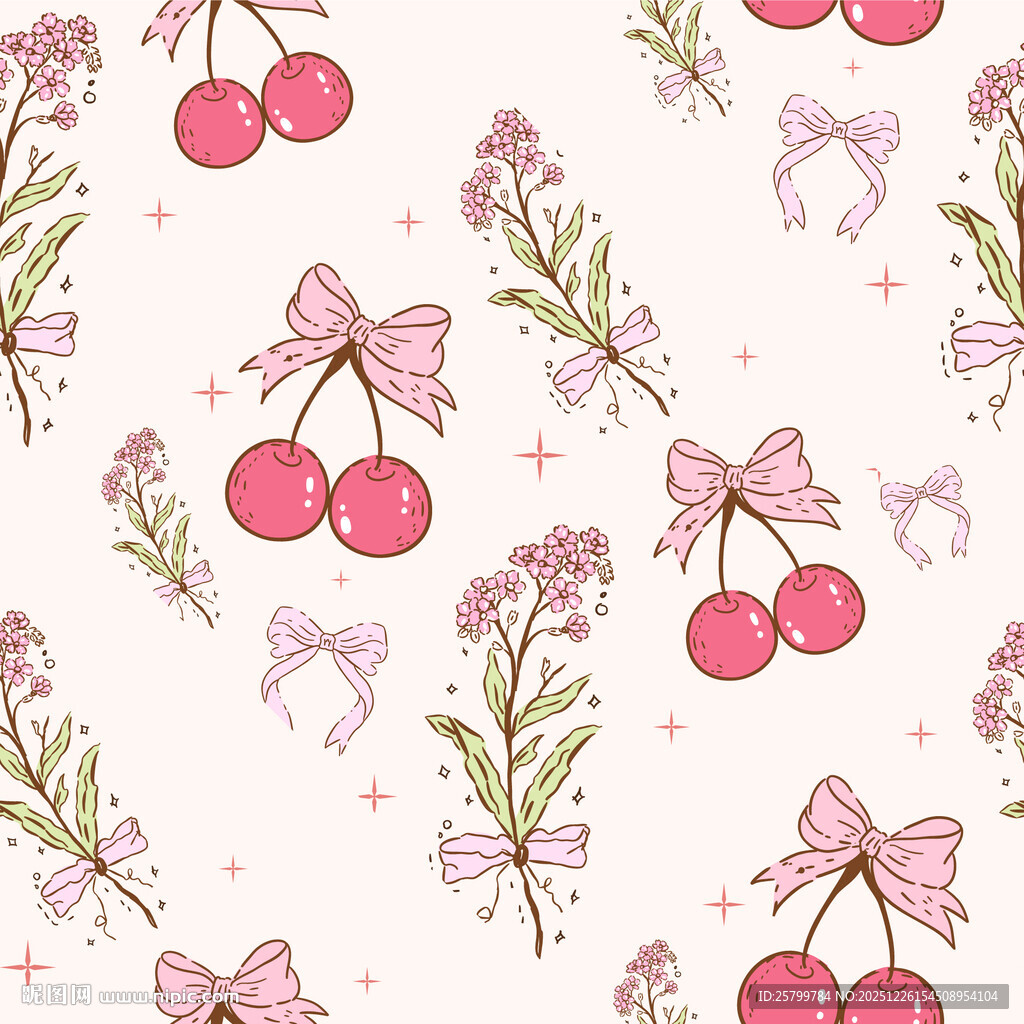 粉色樱桃蝴蝶结花卉图案