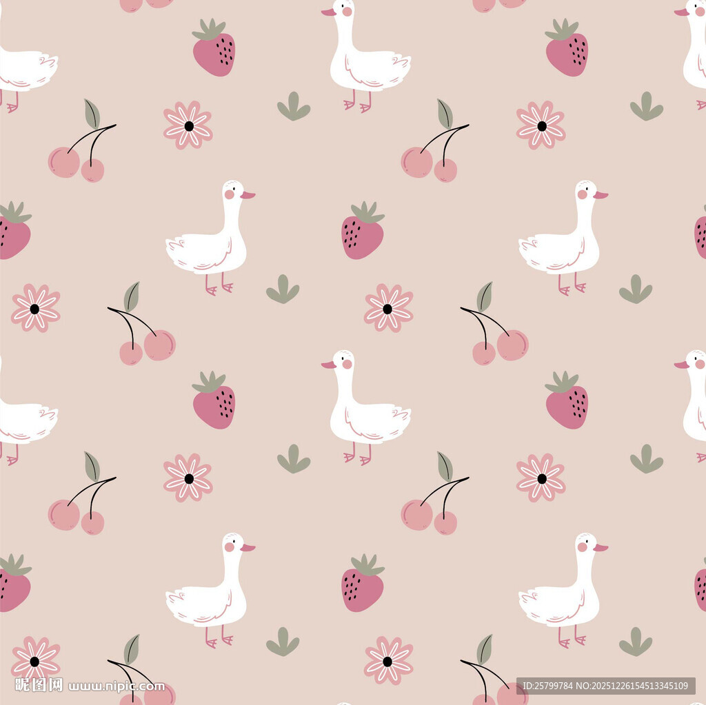 鹅与花卉的可爱图案设计