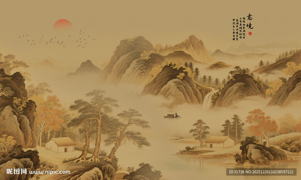 新中式古风国画山水背景墙壁画