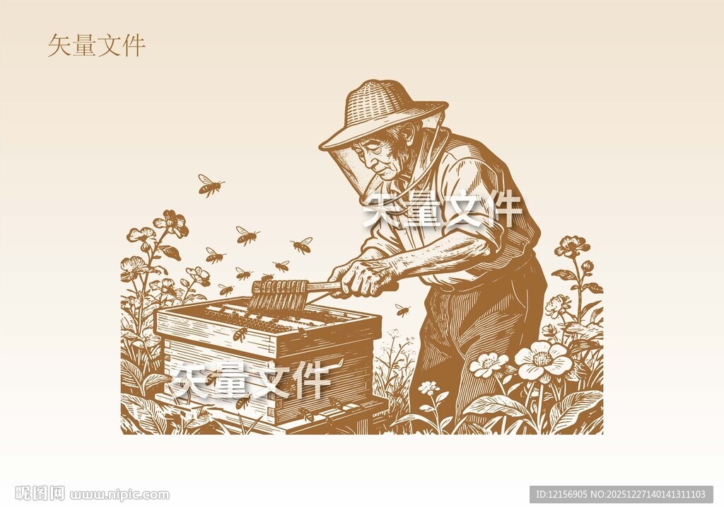 手绘蜂农素描 养蜂人插画