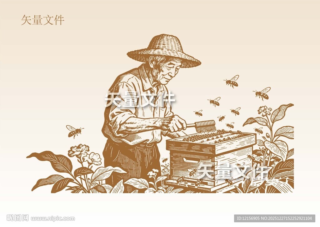 蜂农版画 养蜂人插画