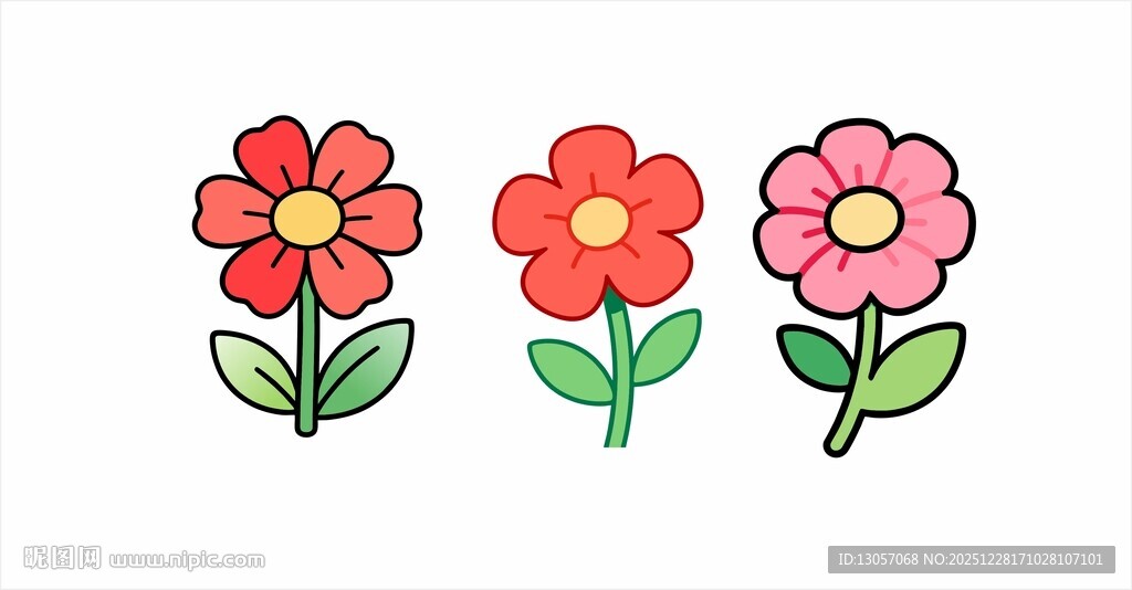 三朵手绘风格可爱小花