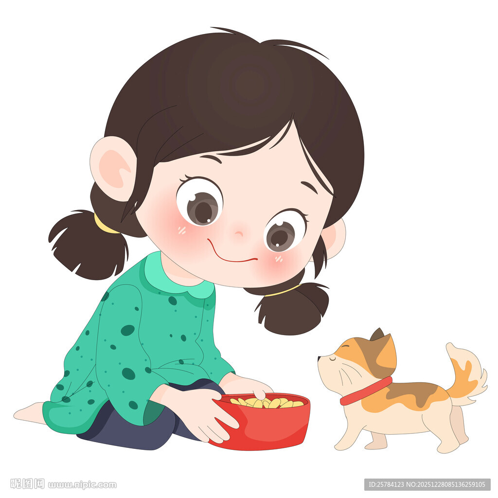 孩子开心喂猫小猫崽卡通儿童插画