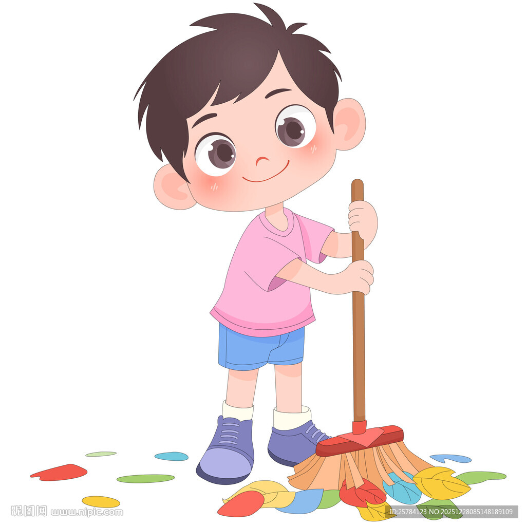 孩子做家务拿扫把扫落叶打扫卫生