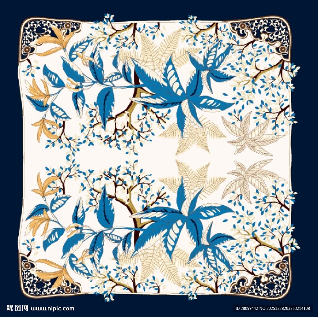 蓝白花鸟图案精美丝巾