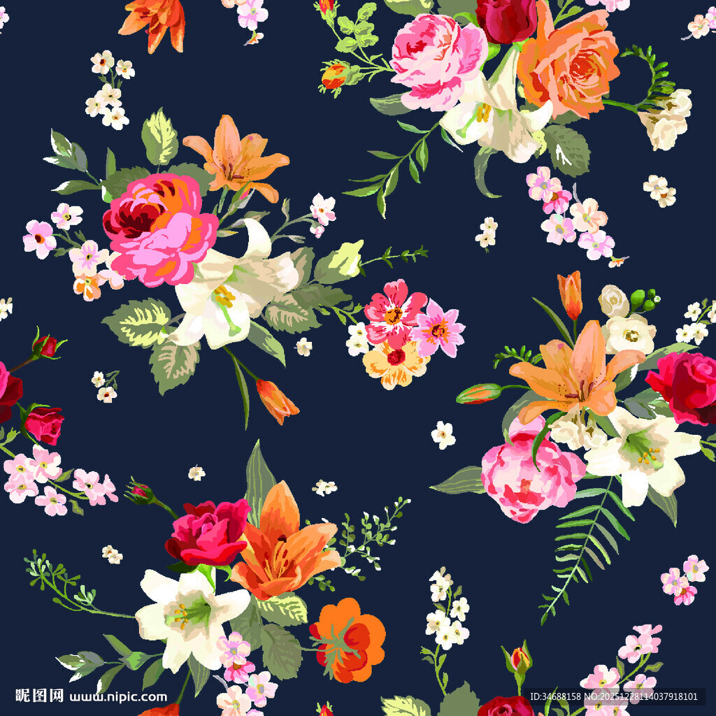 深蓝色底多彩花卉图案