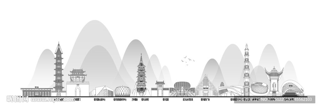 绍兴浙江城市建筑线描插画地标