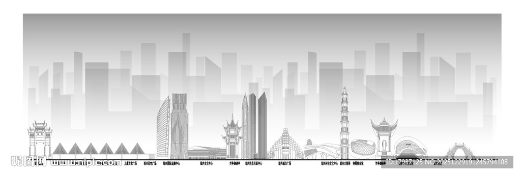 绍兴浙江城市建筑线描插画地标 