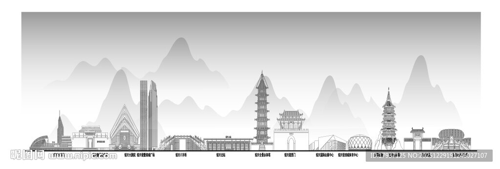 绍兴浙江城市建筑线描插画地标