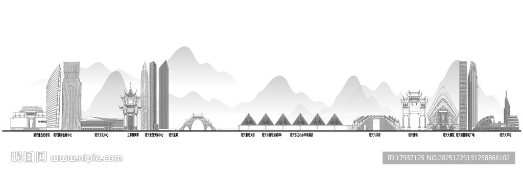 绍兴浙江城市建筑线描插画地标