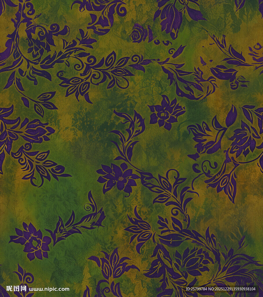 绿色底紫色花卉图案纹理