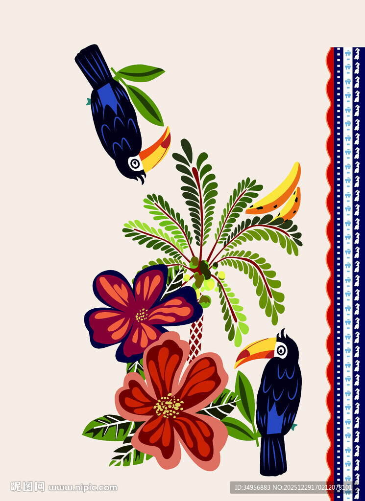 热带花鸟刺绣图案设计