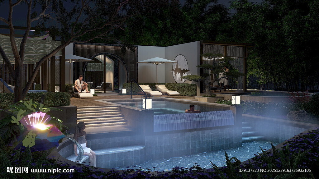 户外庭院泳池夜景景观