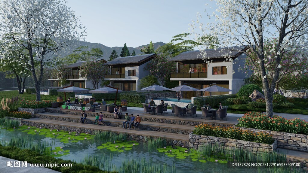 河畔中式建筑景观