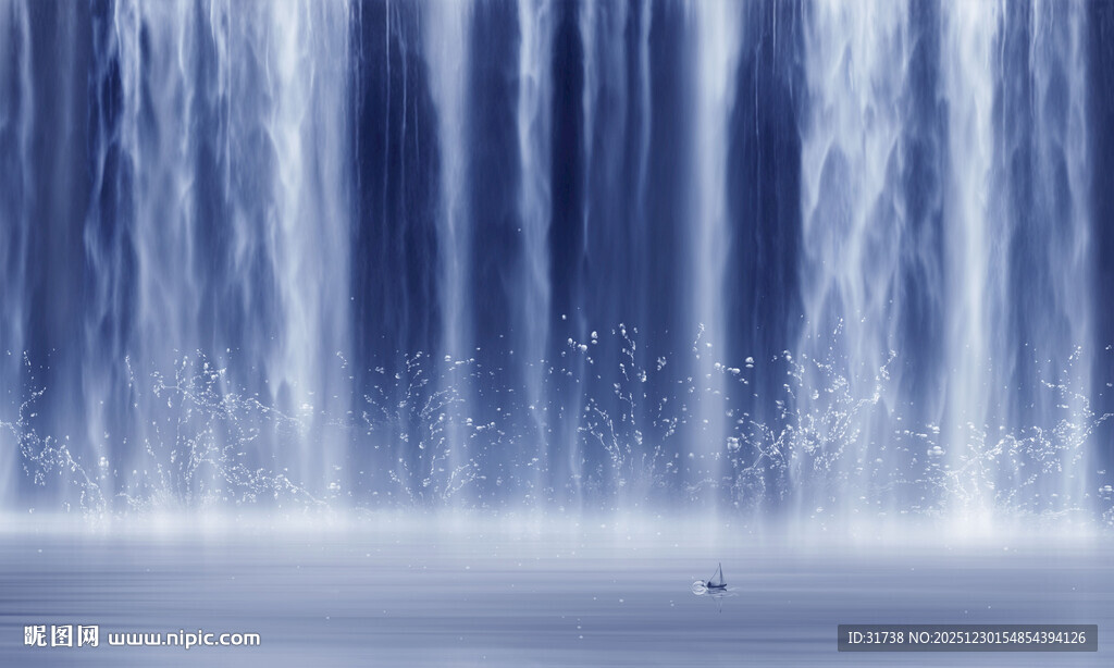 招财瀑布山水画