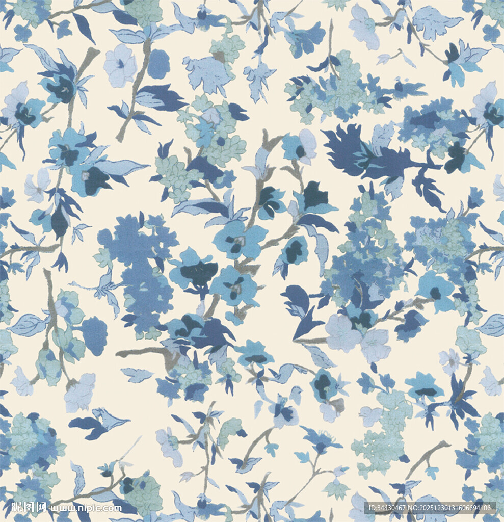 蓝白花卉图案布料纹理
