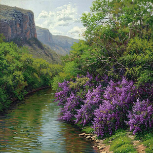 溪流风景油画