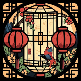 祥鸟飞舞 月圆灯笼