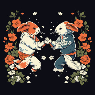 门贴年画卡通对兔