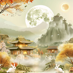 亭台楼阁月亮仙子插画