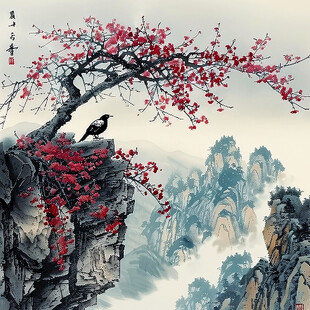 喜上眉梢山水画