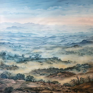 新中式水墨画远山彩绘