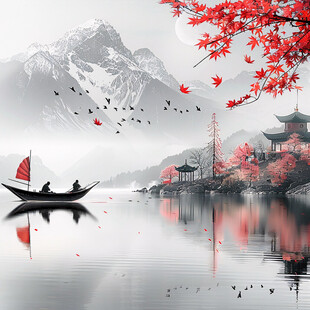 新中式国潮红叶山水