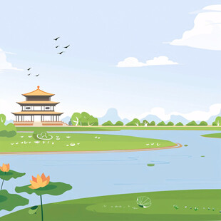 古风亭子荷叶池塘插图