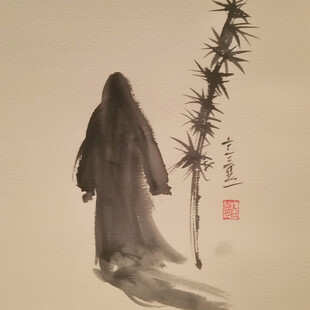 竹林和女孩水墨画
