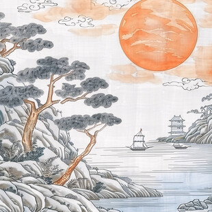 手绘工笔画迎客松