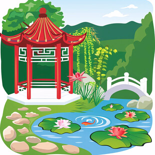 古风亭子荷叶池塘插图