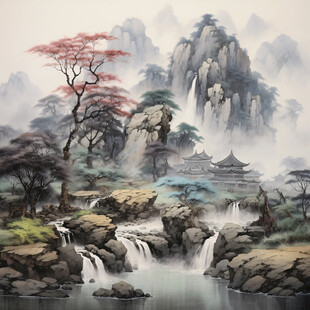 山水风景彩绘