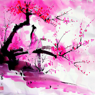 梅花和女孩水墨画