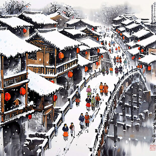 中国城市雪景插画设计